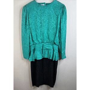 Vintage 1980s Silk Studio 100% Silk Green Black‎ Peplum Dress Size 12 Petite